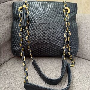 Bally Vintage Quilted Black Leather Shoulder Bag with Gold Hardware